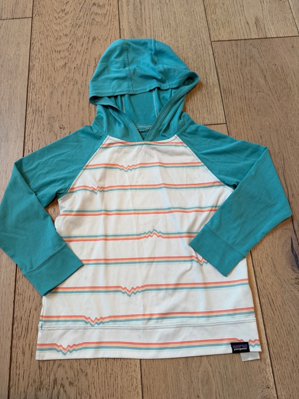Patagonia Teal Raglan Hooded Stripe Kids Capilene Top